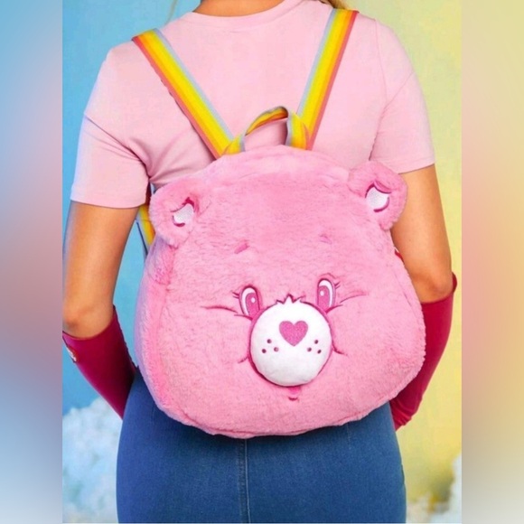 Large Pink Fuzzy Care Bears Plushie Backpack Kawaii - Picture 1 of 9